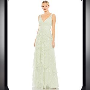 Mac Duggal 9162 Sequined Scallop Ruffle Tiered V Neck Gown Sage Green Size 22